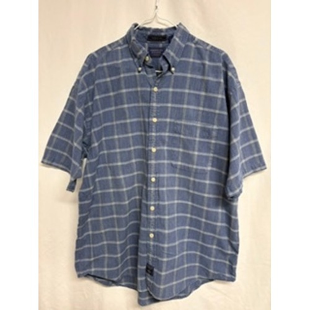 American Khakis Van Heusen The Big Shirt Mens Medium Blue Plaid Short Sleeve